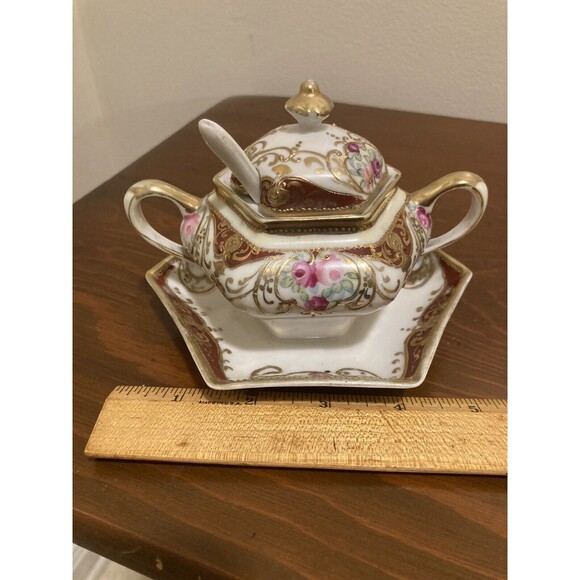 Antique Nippon c1911 Floral Sugar Bowl W/ Lid & Spoon Attached Plate Gold Accent - Picture 13 of 14